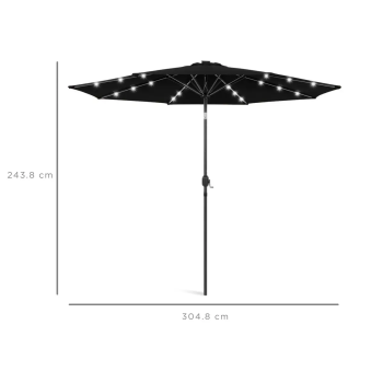 Садова парасолька 3 м з LED-підсвічуванням, сонячною панеллю та чохлом (чорний)