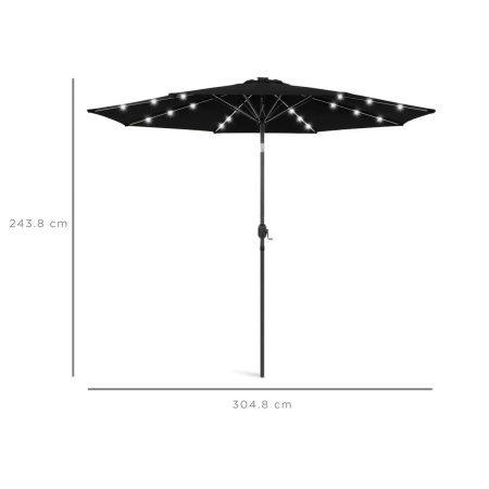 Садова парасолька 3 м з LED-підсвічуванням, сонячною панеллю та чохлом (чорний)