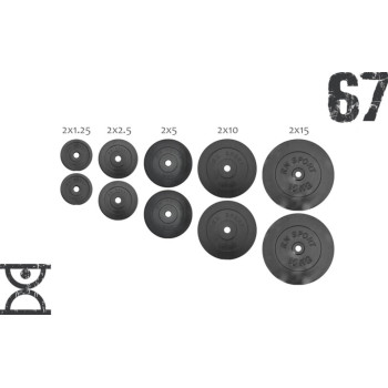 67 кг (2х1.25, 2х2.5, 2x5, 2х10 та 2x15) дисків, покритих пластиком (31 мм)