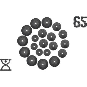 65 кг (4 по 1.25, 8 по 2.5, 8 по 5 кг) дисків, покритих пластиком (31 мм)