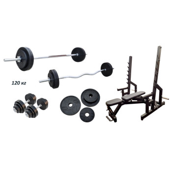 Професійна лава для жиму RN-Sport black  Black Rock + Стійки Black Rock + Набір металевих гумових дисків 120 кг