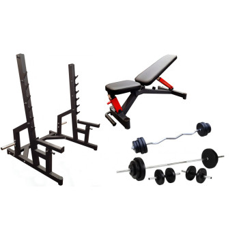 Професійна лавка зі стійками RN-Sport black rock + 4 грифі, 80 кг дисків